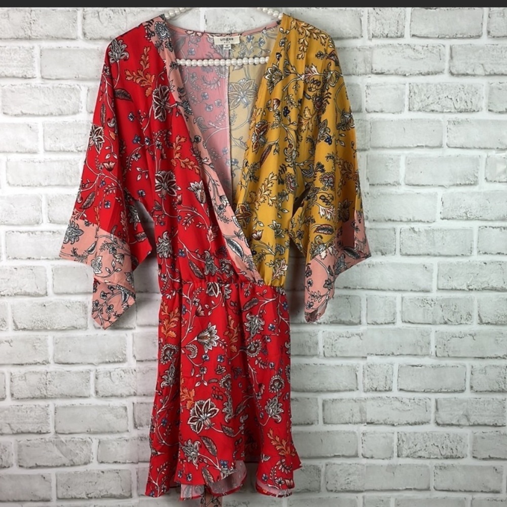 NWOT Umgee USA Floral Romper Multicolored Kimono Style 3/4 Sleeve Size Medium